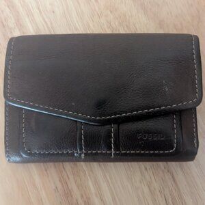 VTG Fossil Brown Leather Contrast Stitching Envelope Snap and Zip Wallet Women's